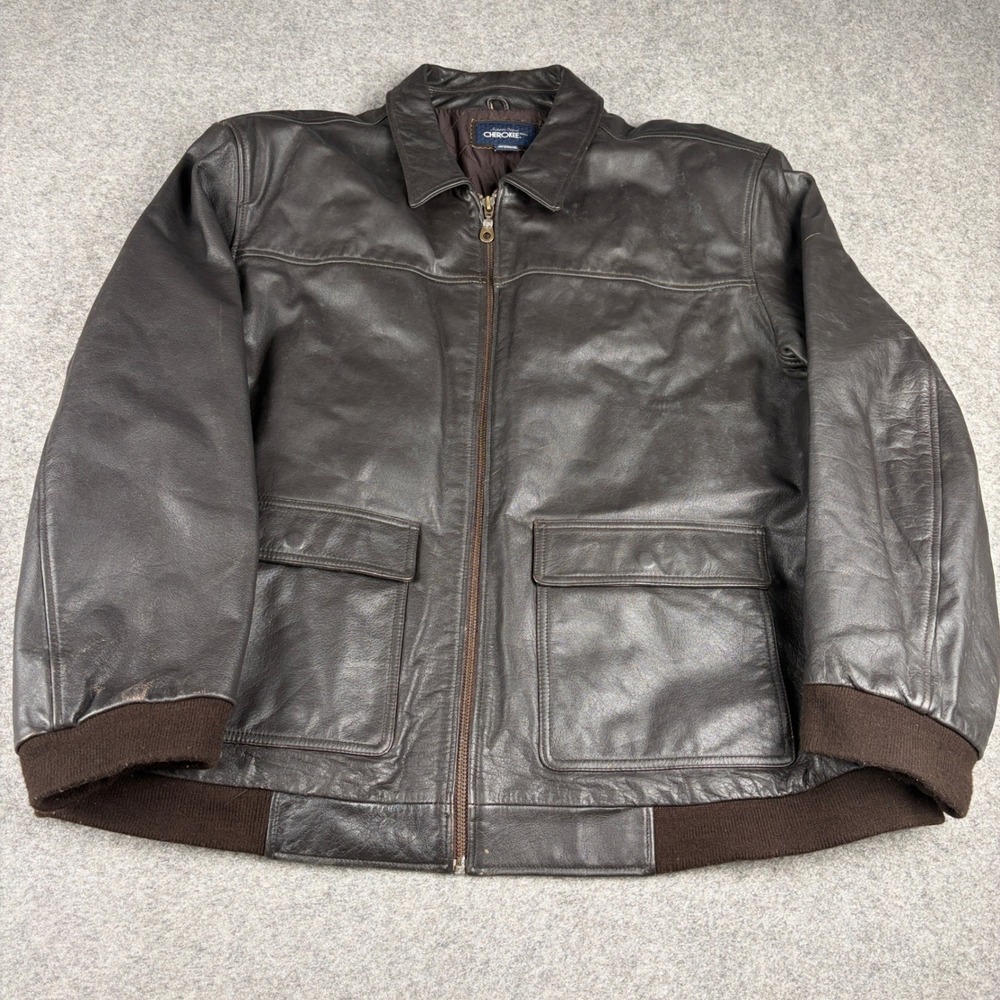 Cherokee Leather Bomber Jacket Mens Double Extra Large Brown Full Zip Ribbed